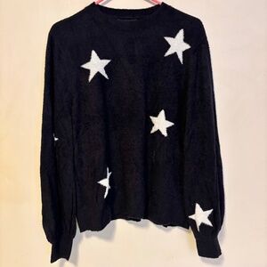 Rachel Zoe Fuzzy Long Sleeve Crewneck Sweater Black White Stars Womens Large